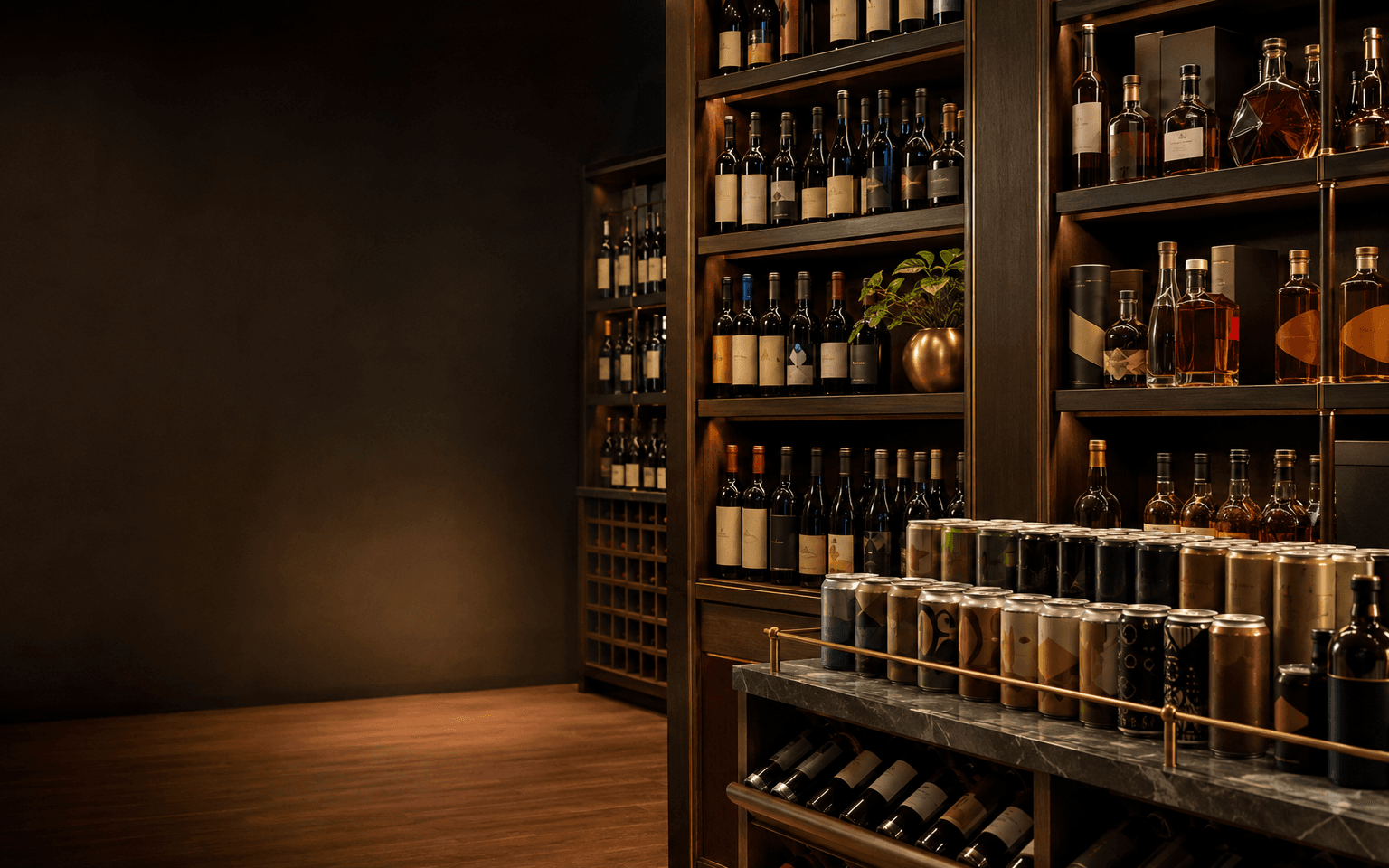 Curated shelves of wine, beer and spirits inside a warmly lit neighborhood store